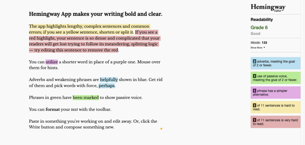 Hemingway app example