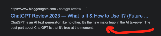 Meta description on a search result page