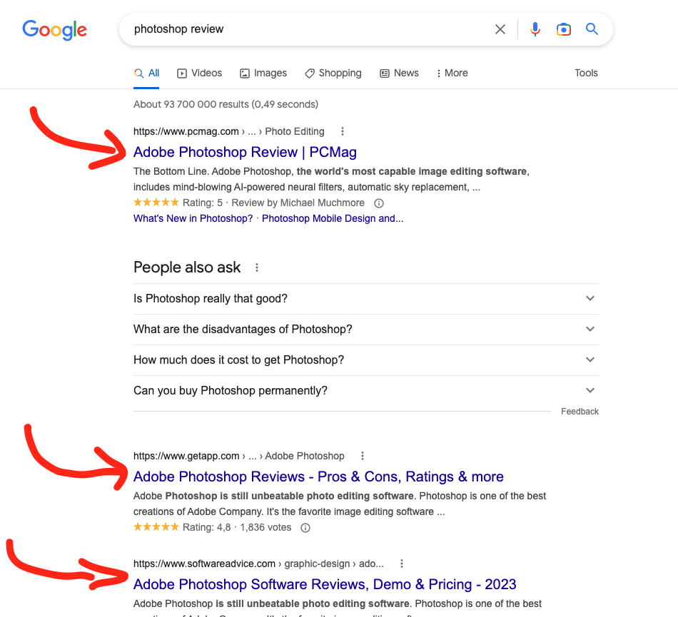 Product reviews in Google SERPs