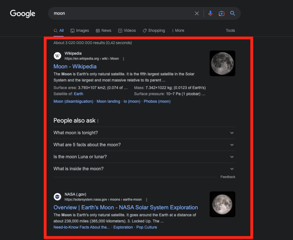 Search engine results page example with blog posts and other sites