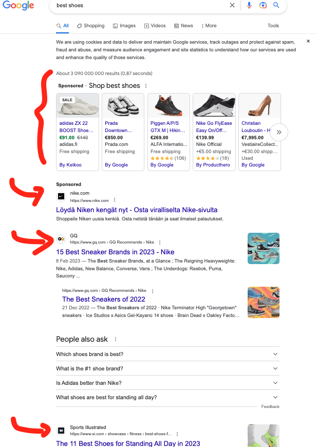 Example of Google search for shoes