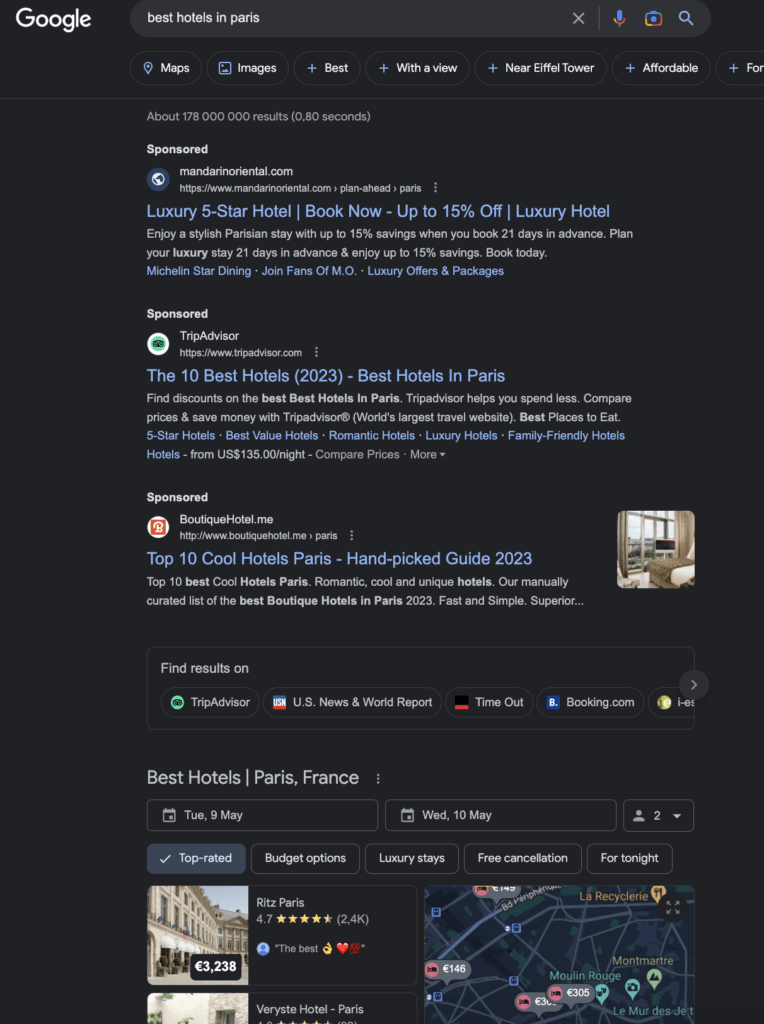 Google SERPs for best hotels in paris