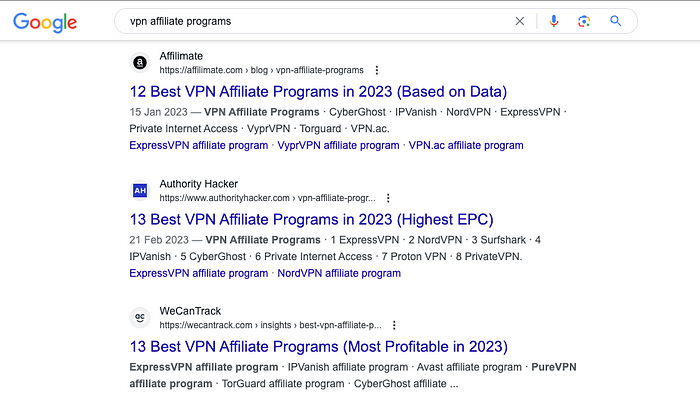 Google results for affiliate programs