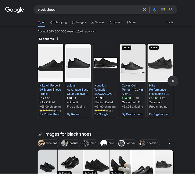 black shoes on Google results