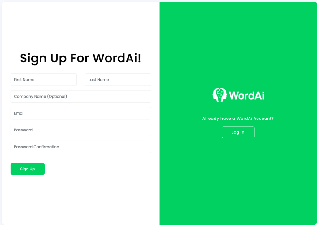 WordAI sign up page