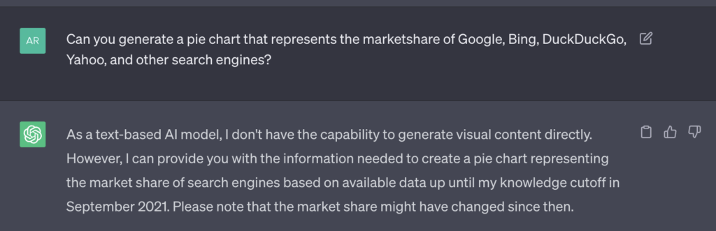Asking chatgpt to create a pie chart.It cannot do that
