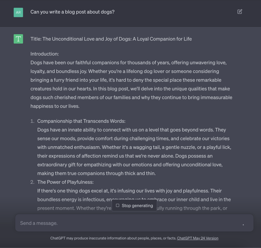 Asking chatgpt to write a post about dogs