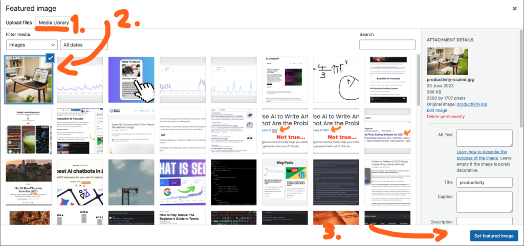 Steps to choose featured image on Media Library on WordPress