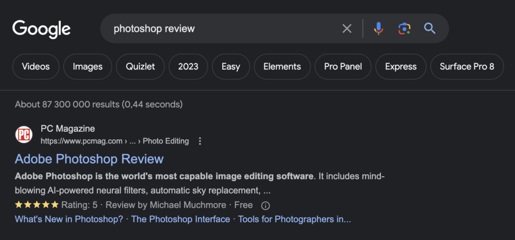 Photoshop review Google results