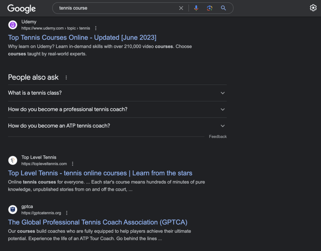 Tennis courses in Google search results