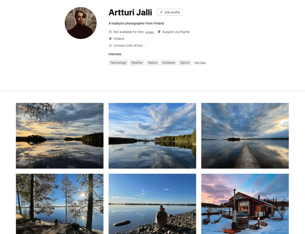 Artturi Jalli's Unsplash profile with images of Finnish nature