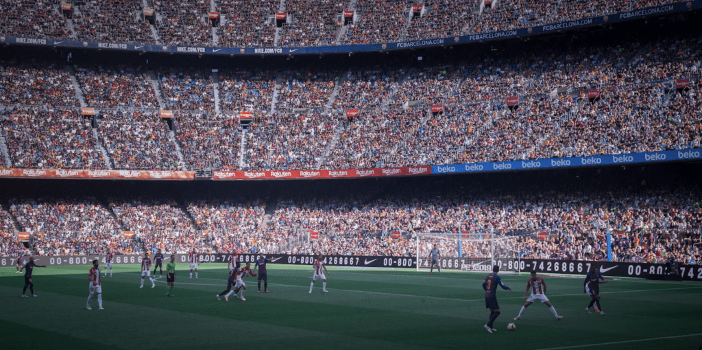 "Spectator view of FC Barcelona playing against Atletico Madrid in Camp Nou in 2018"