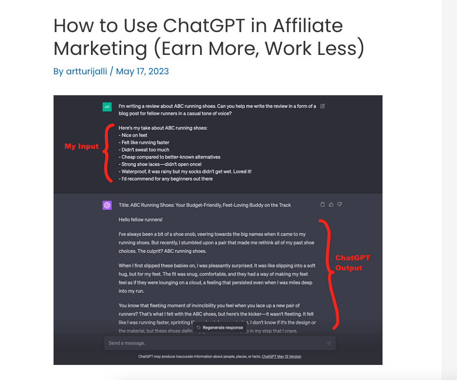 Example of a blog post about ChatGPT and affiliate marketing