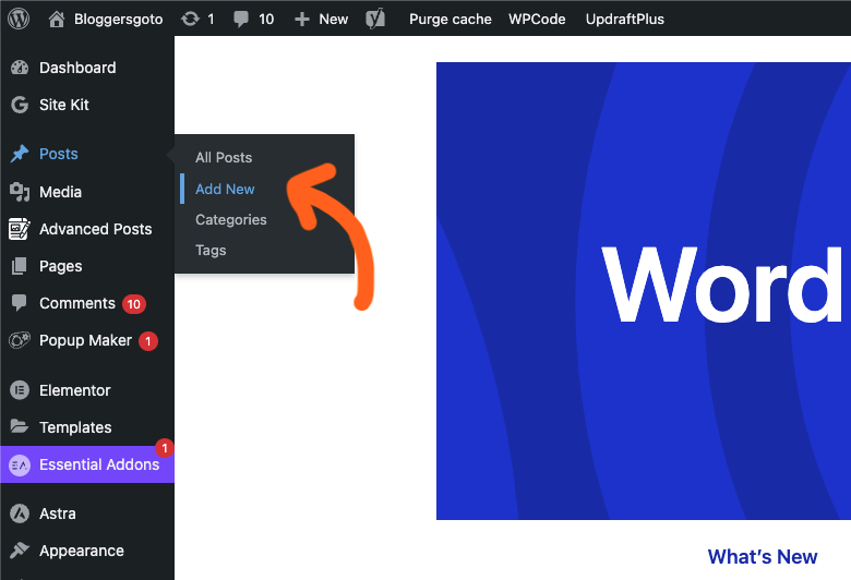 Adding a new post in Elementor happens in WordPress