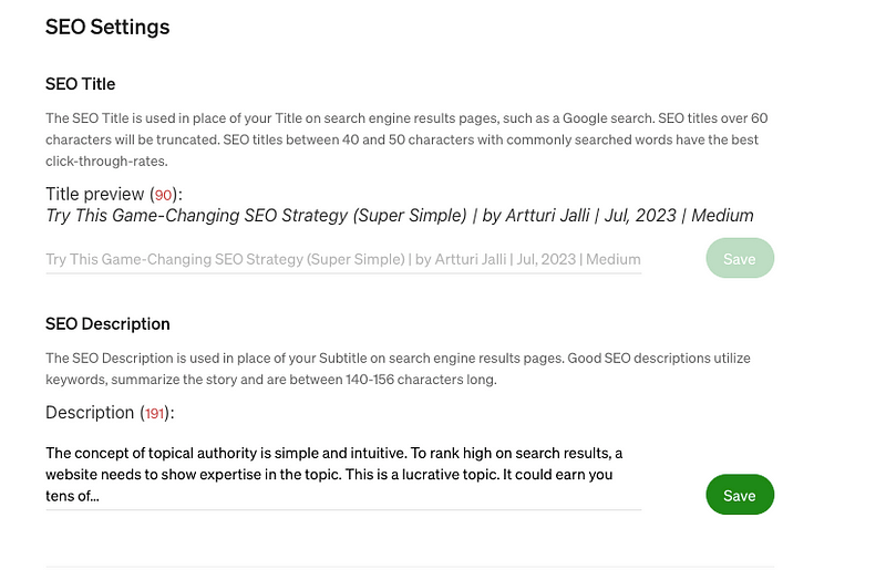 Medium SEO settings of a blog post