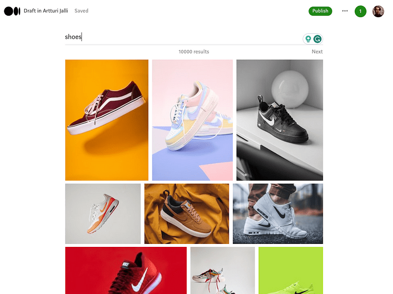 Searching for stock photos on Medium from Unsplash
