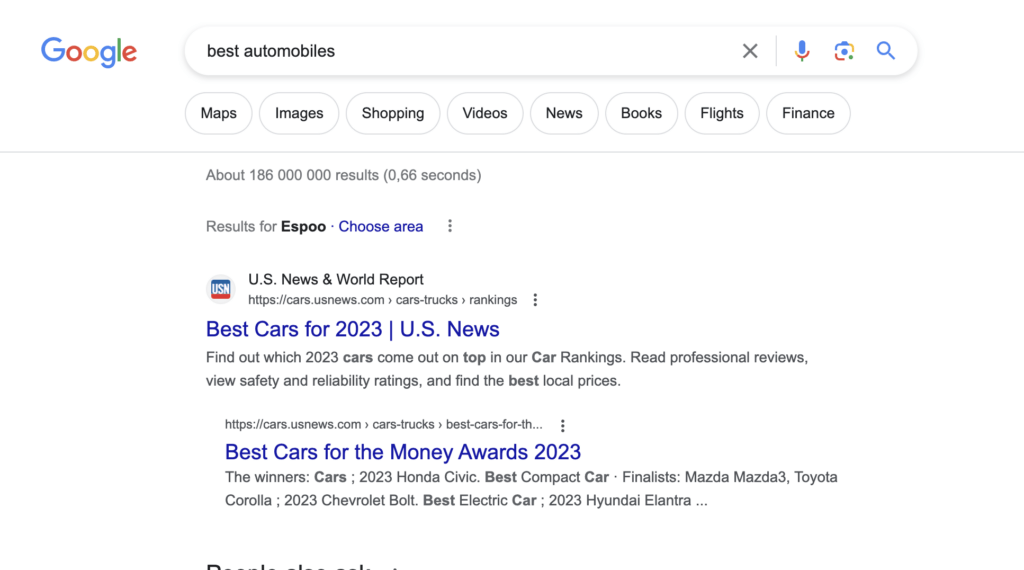 Search results of "best automobiles" show "best cars"—which is good!