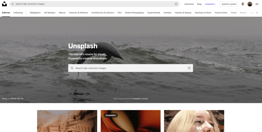 Unsplash stock image library homepage