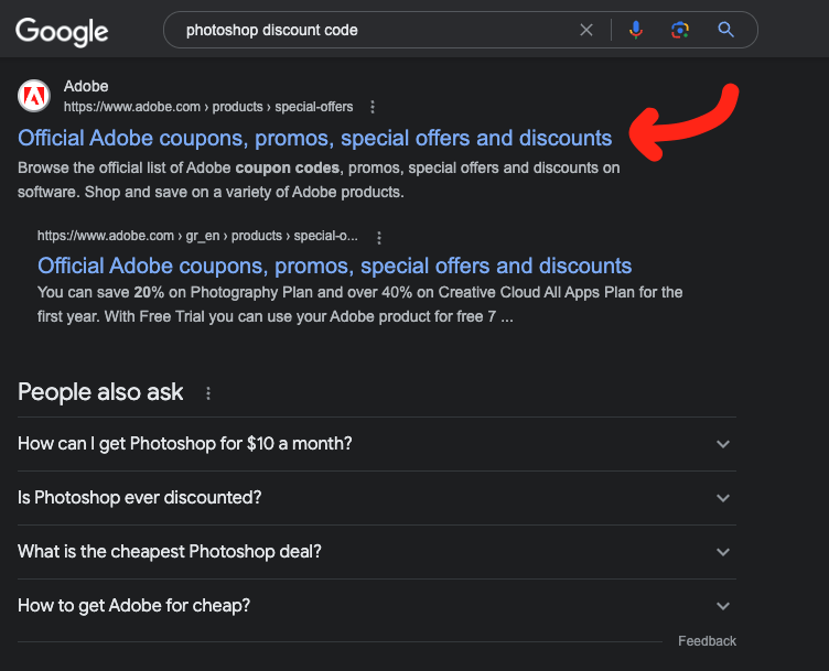 Adobe's website ranks #1 for "photoshop discount code" keyword