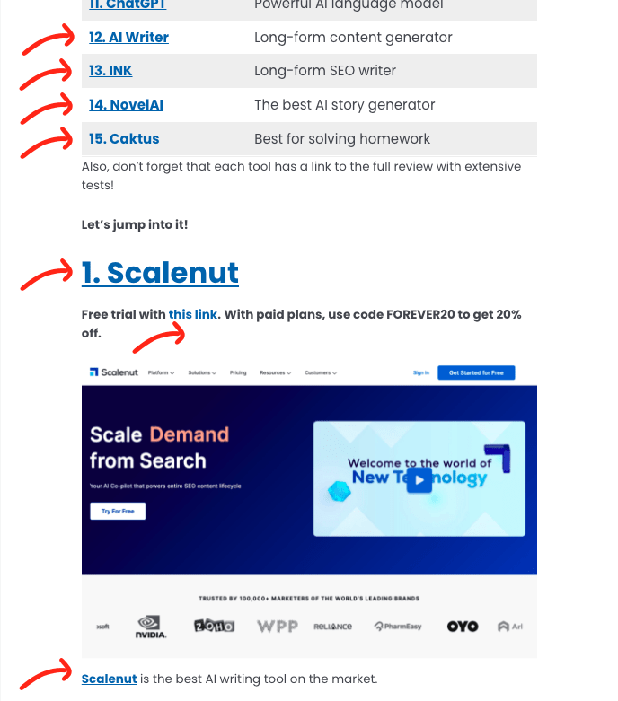 Affiliate links in a blog post