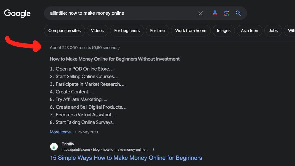 Google showing how many pages target "how to make money online"