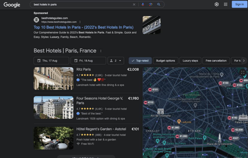 Search features eat up space for "Best hotels in paris" keyword