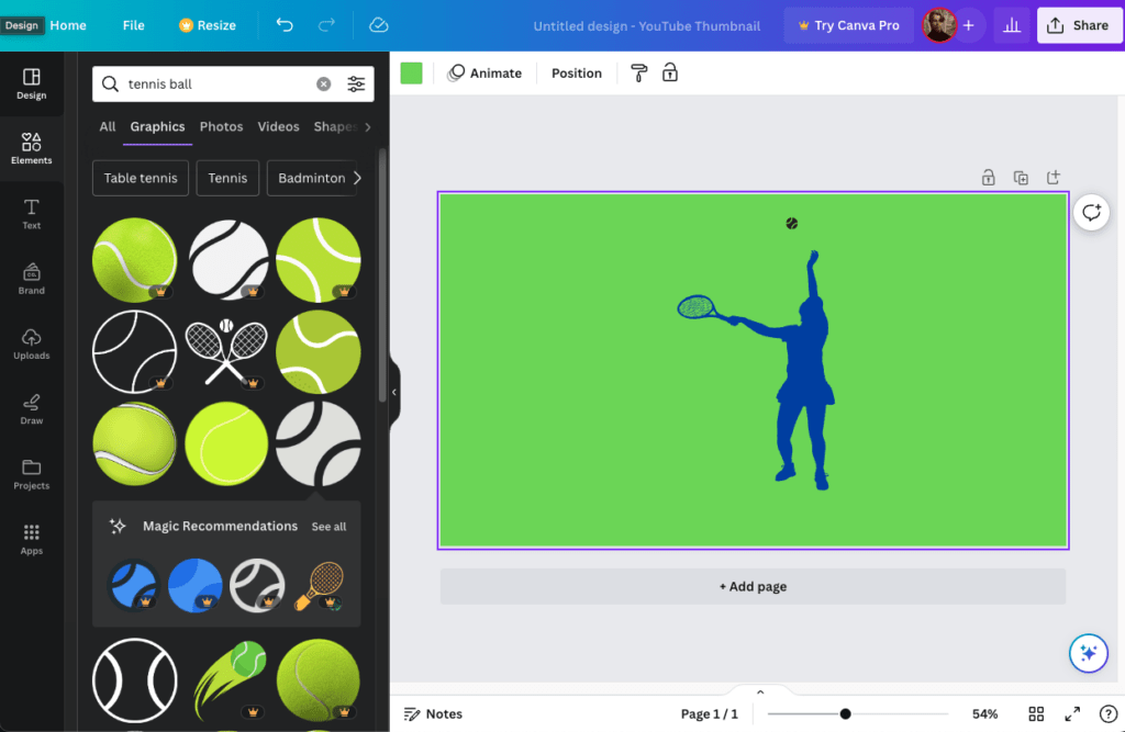 Canva editor with a tennis player asset