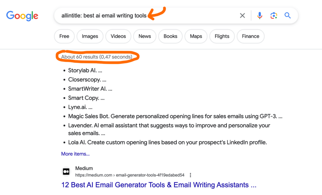 Number of competing pages on Google for AI email writers