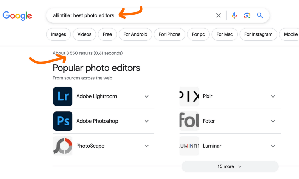 Competitors for "photo editors" on search results