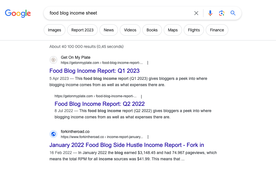 Food blog income reports on Google results