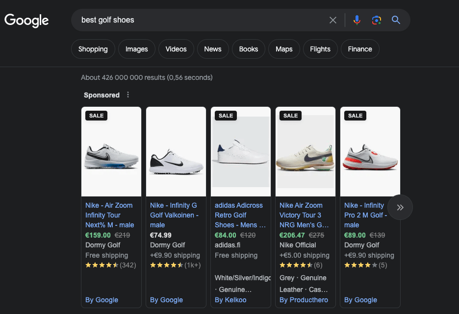 Golf shoes in sale on Google results