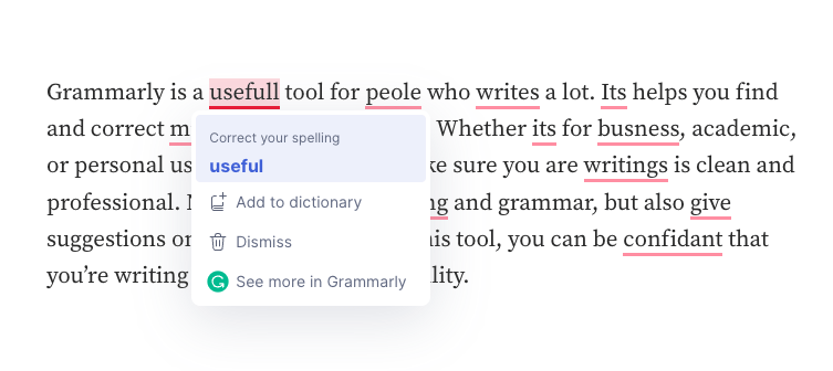Grammarly highlighting small typos and grammar issues