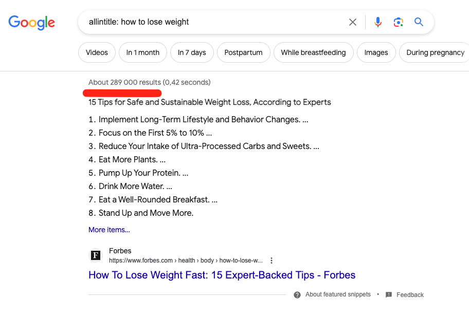 Google shows the number of pages with keyword in title