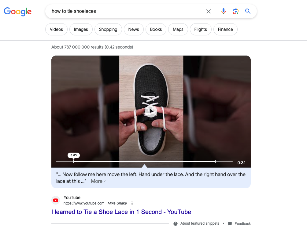 Keyword "how to tie shoelaces" shows visual guides and videos on Google