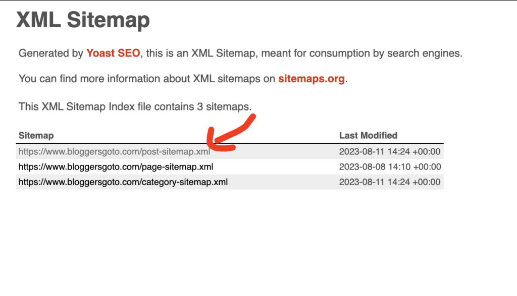 Sitemap index page with a post site map and other sitemaps