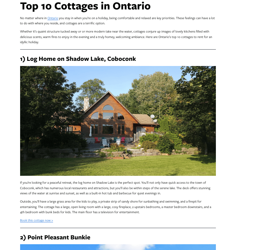 Images in a blog post about cottages