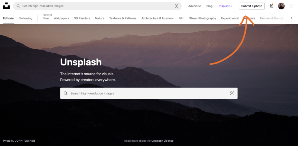The submit a photo view on Unsplash that anyone can use