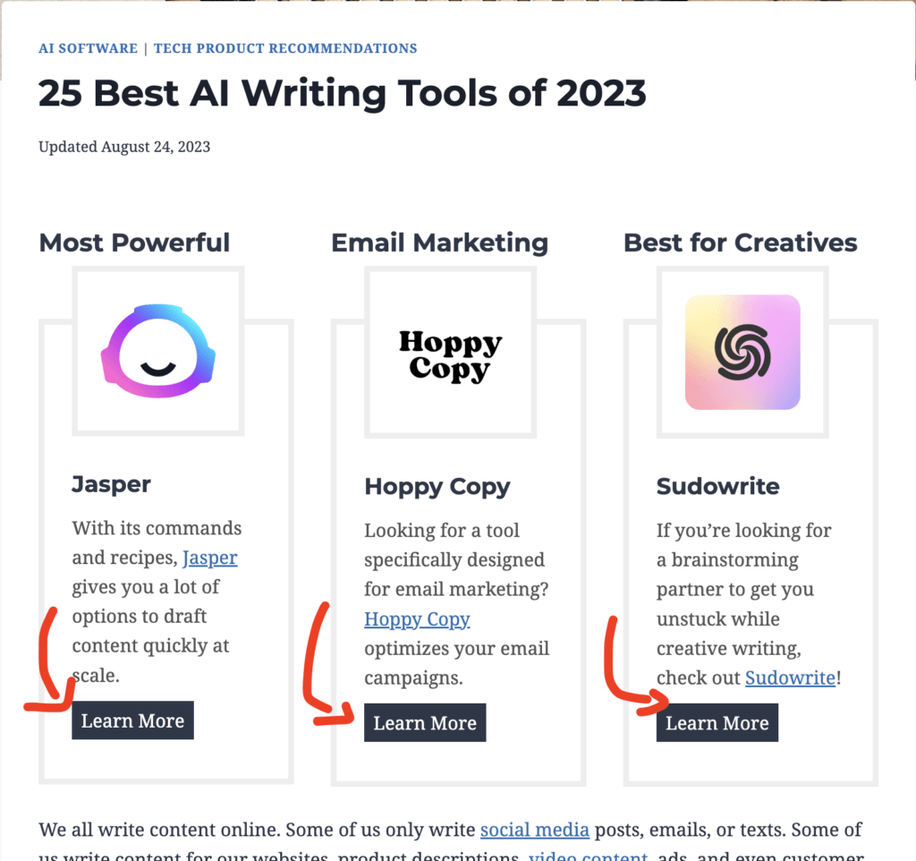 Affiliate links in in a blog post about AI tools