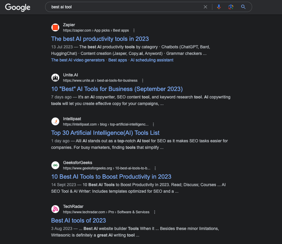 Google search results for best AI tools