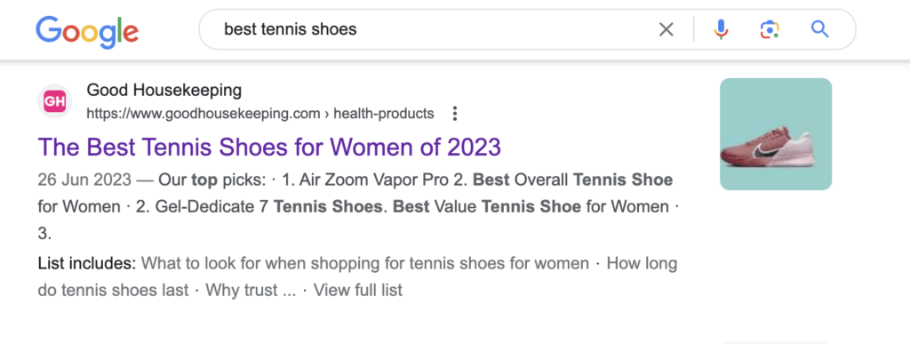 Tennis shoes in Google search results.