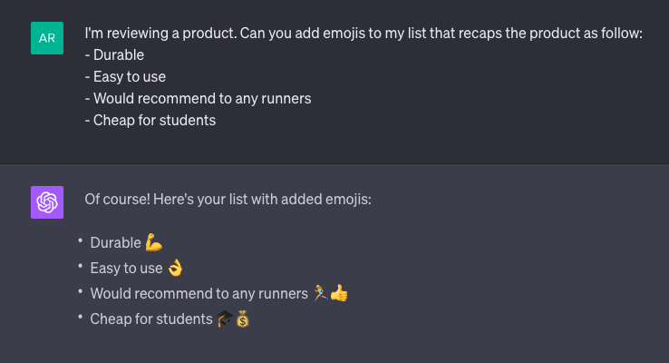 ChatGPT giving emojis to text elements