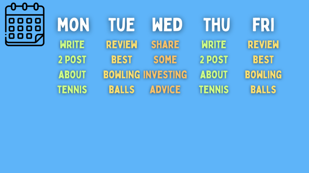 Content calendar with tennis posts, review posts, and investing related content