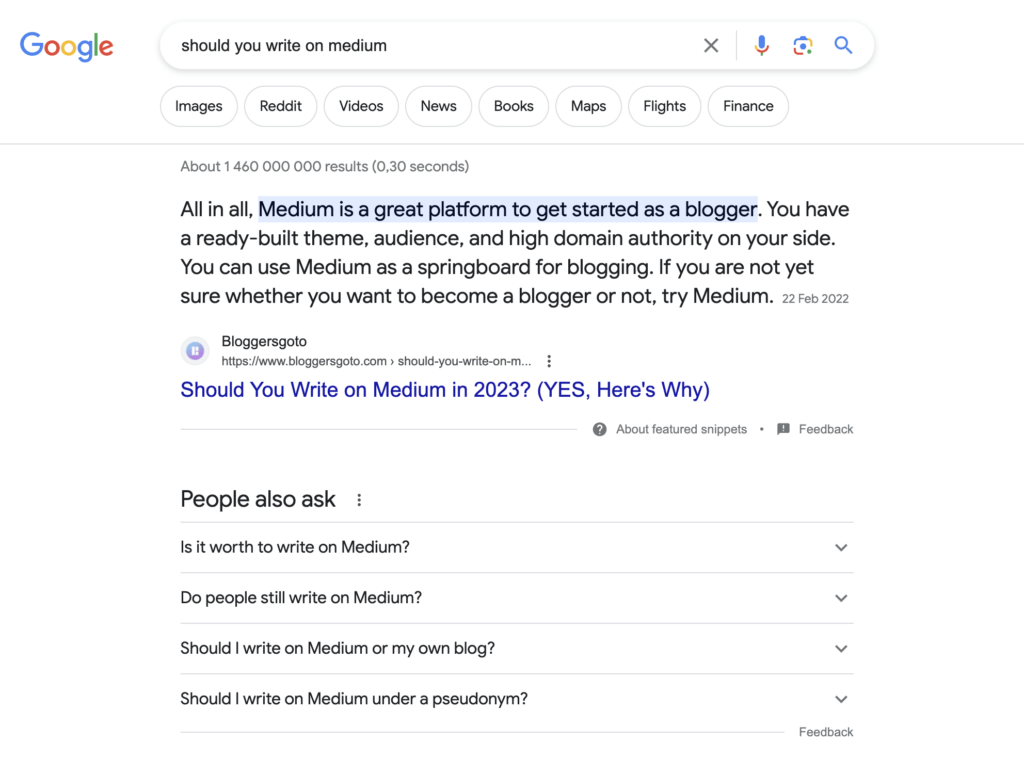 Blog post in search results