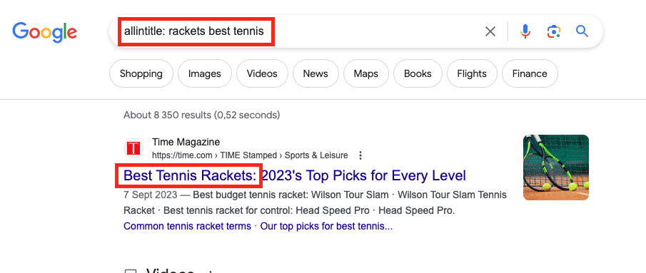 Google allintitle: operator example for best tennis rackets