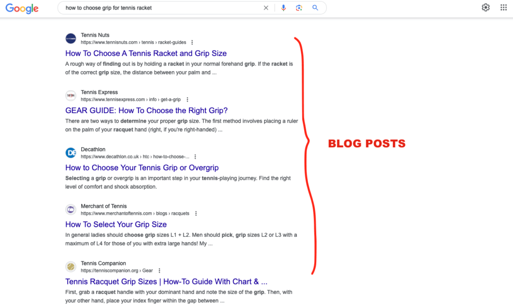 Blog posts in search results on Google