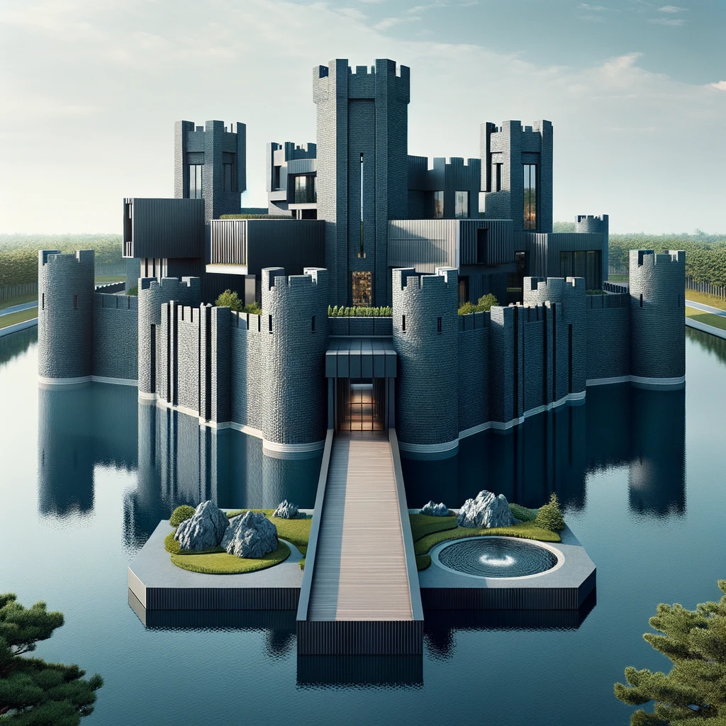 A castle with a moat around it