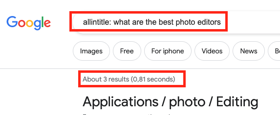 Google allintitle: operator example for what are the best photo editors