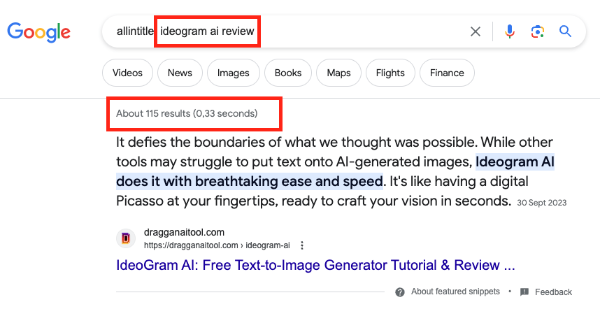 Google allintitle: operator example for ideogram ai review