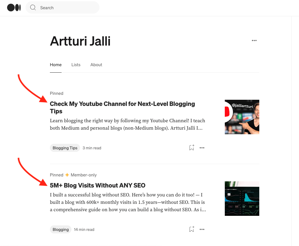 Pinned blog posts on Medium.com