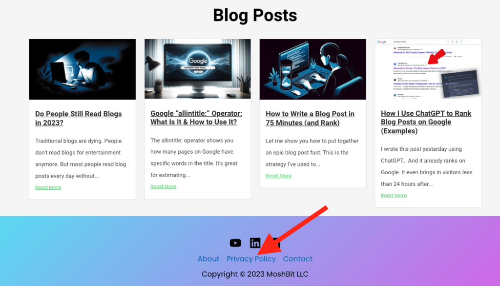 Blog footer with privacy policy page